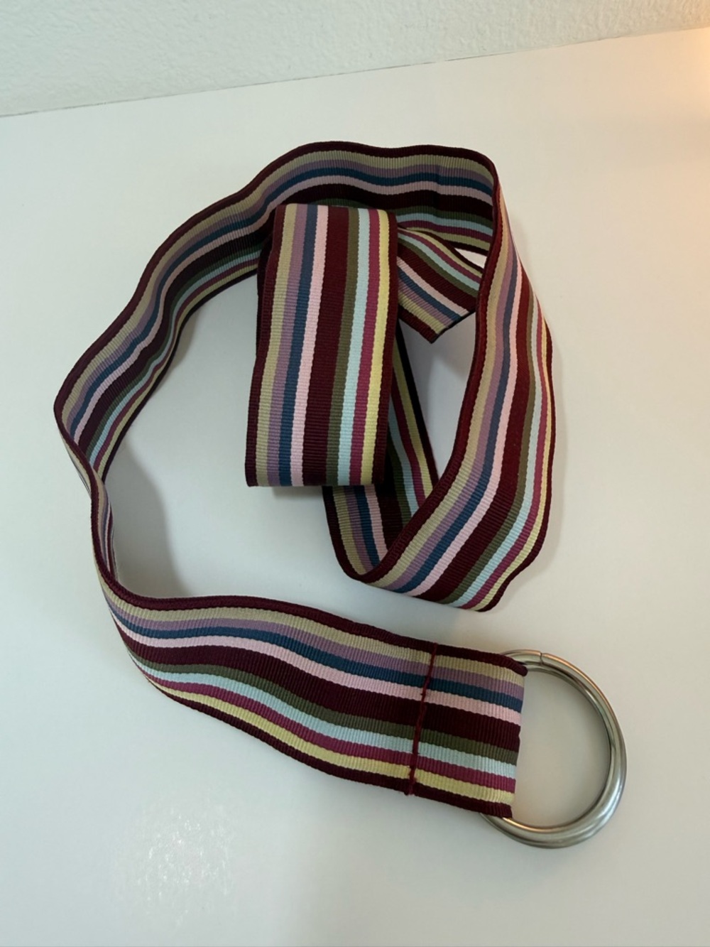 Striped Multicolor Webbing Belt with Double Ring - Maroon Stripe